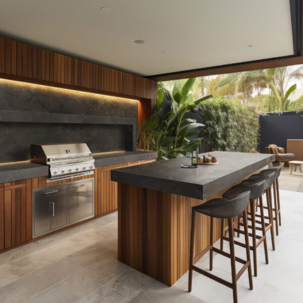 An outdoor entertainment area with a built-in barbecue and a bar
